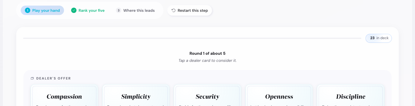 The Values step in Play-your-hand mode showing the dealer's offer with face-down cards and the first revealed card (Power)