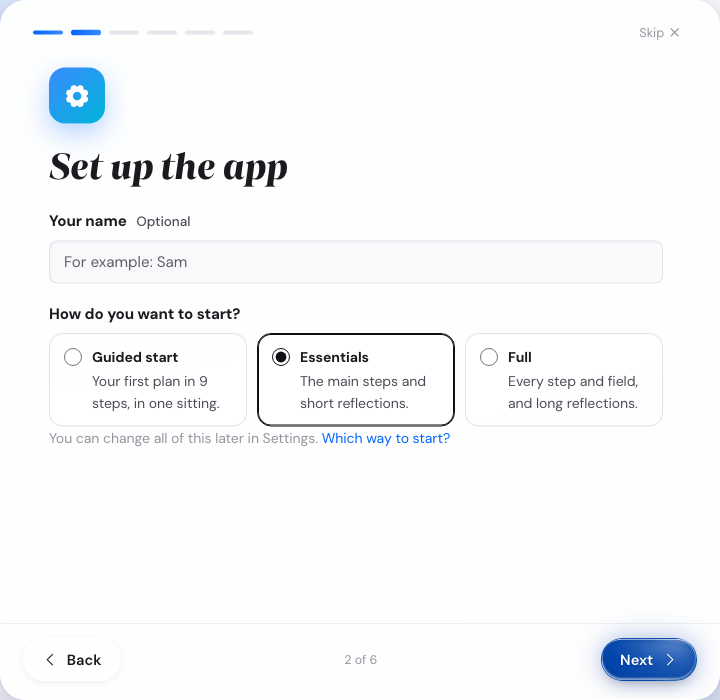 The Set up page on a computer with the three ways to start: Guided start, Essentials and Full