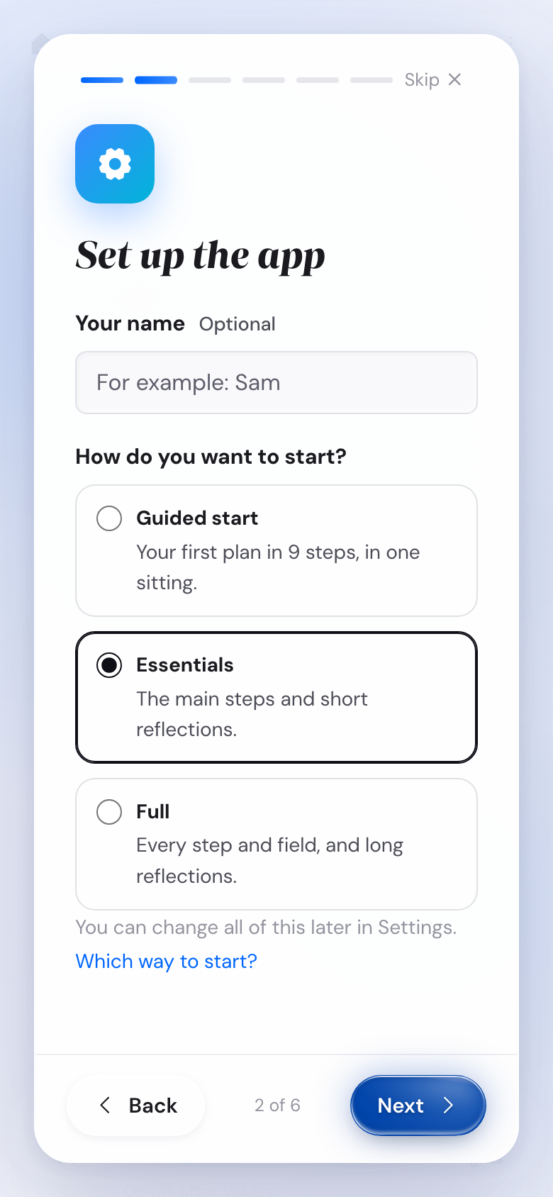 The Set up page on a phone with the three ways one under the other