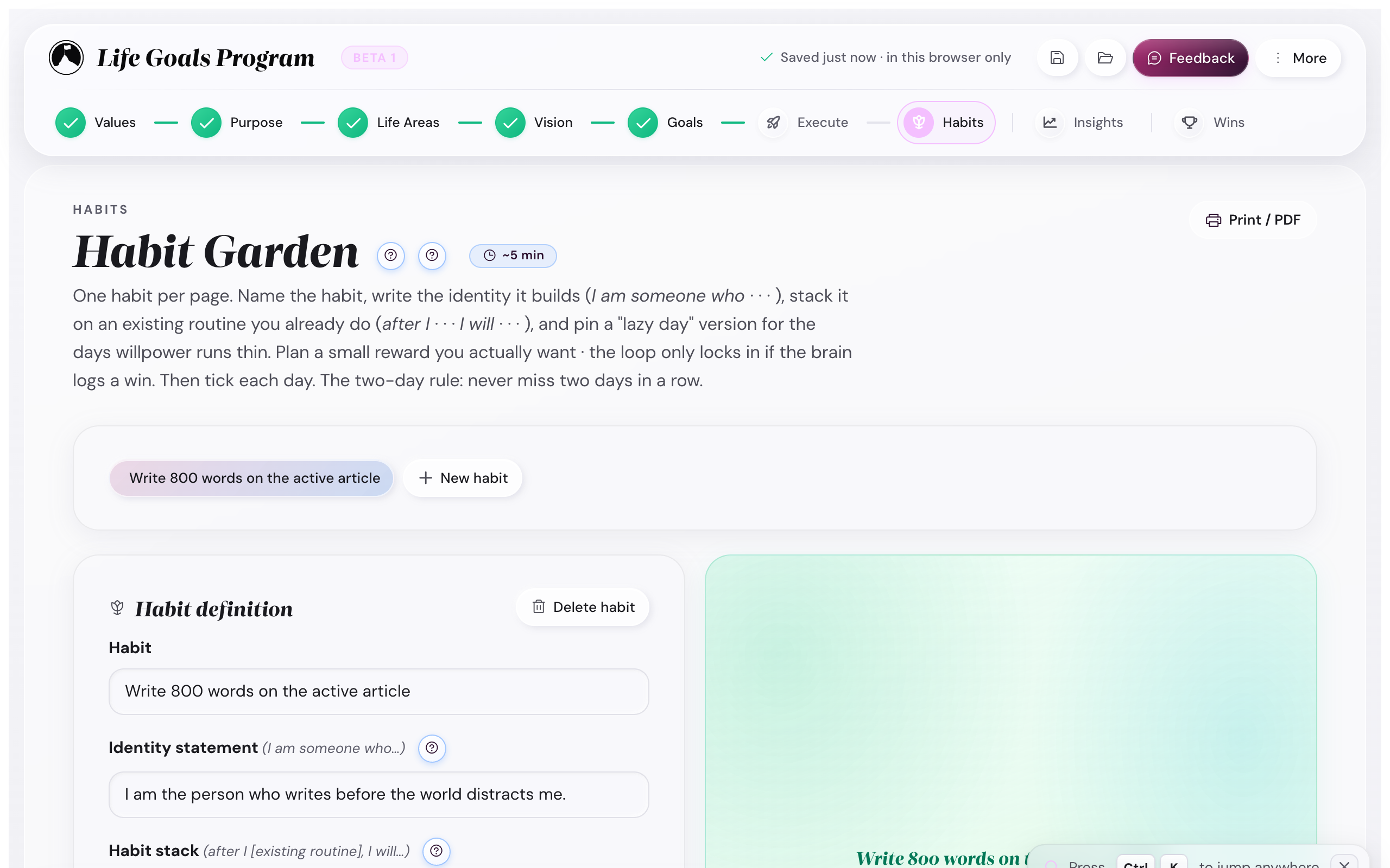 The Habit Garden step showing one habit named Write 800 words on the active article, with fields for habit, identity statement (I am someone who...), habit stack (after... I will...), lazy day version, and a year grid on the right.