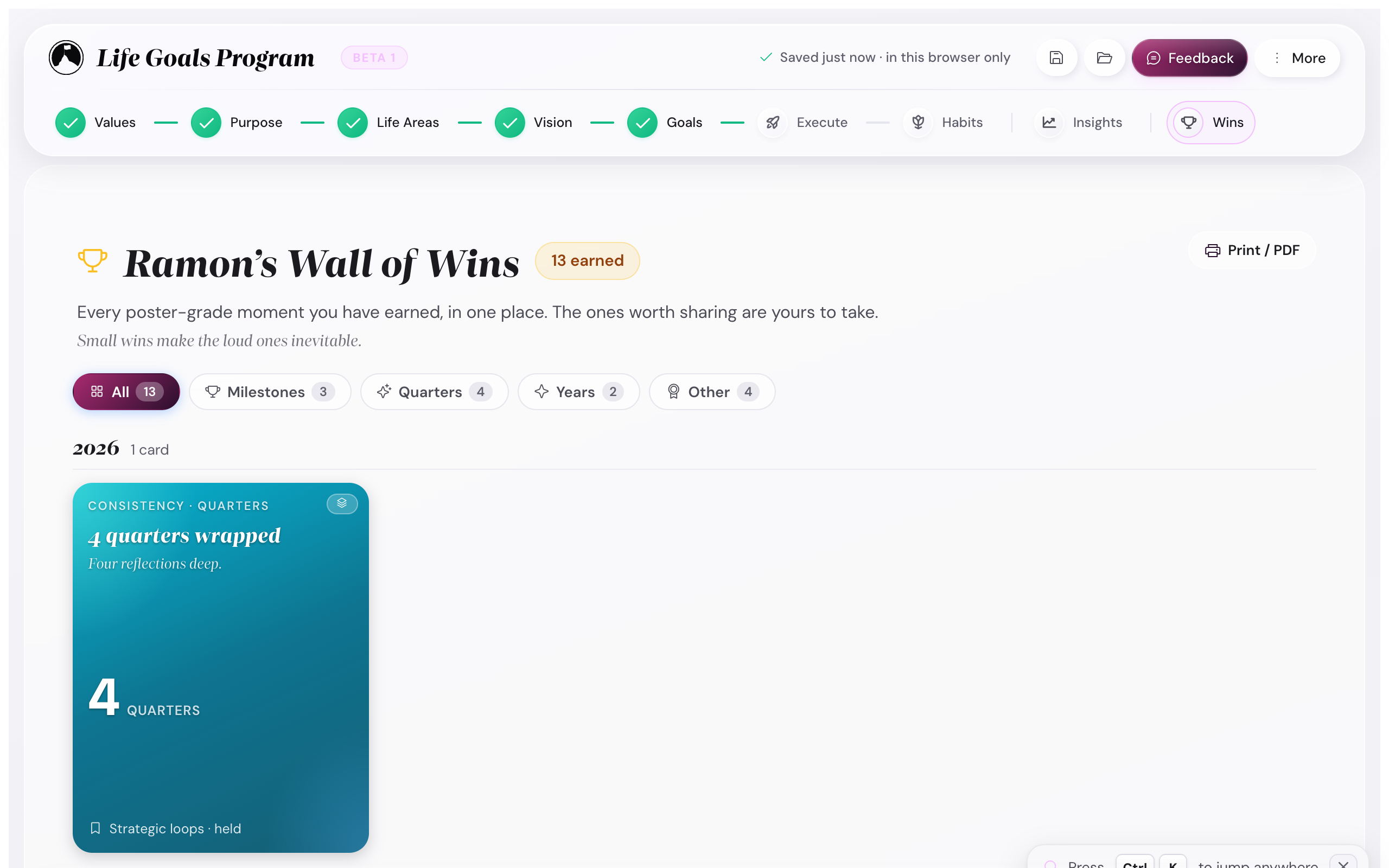 The Wall of Wins showing a trophy icon, the title Ramon's Wall of Wins with a 13 earned badge, filter chips (All 13, Milestones 3, Quarters 4, Years 2, Other 4), and a 2026 section with a card titled 4 quarters wrapped.