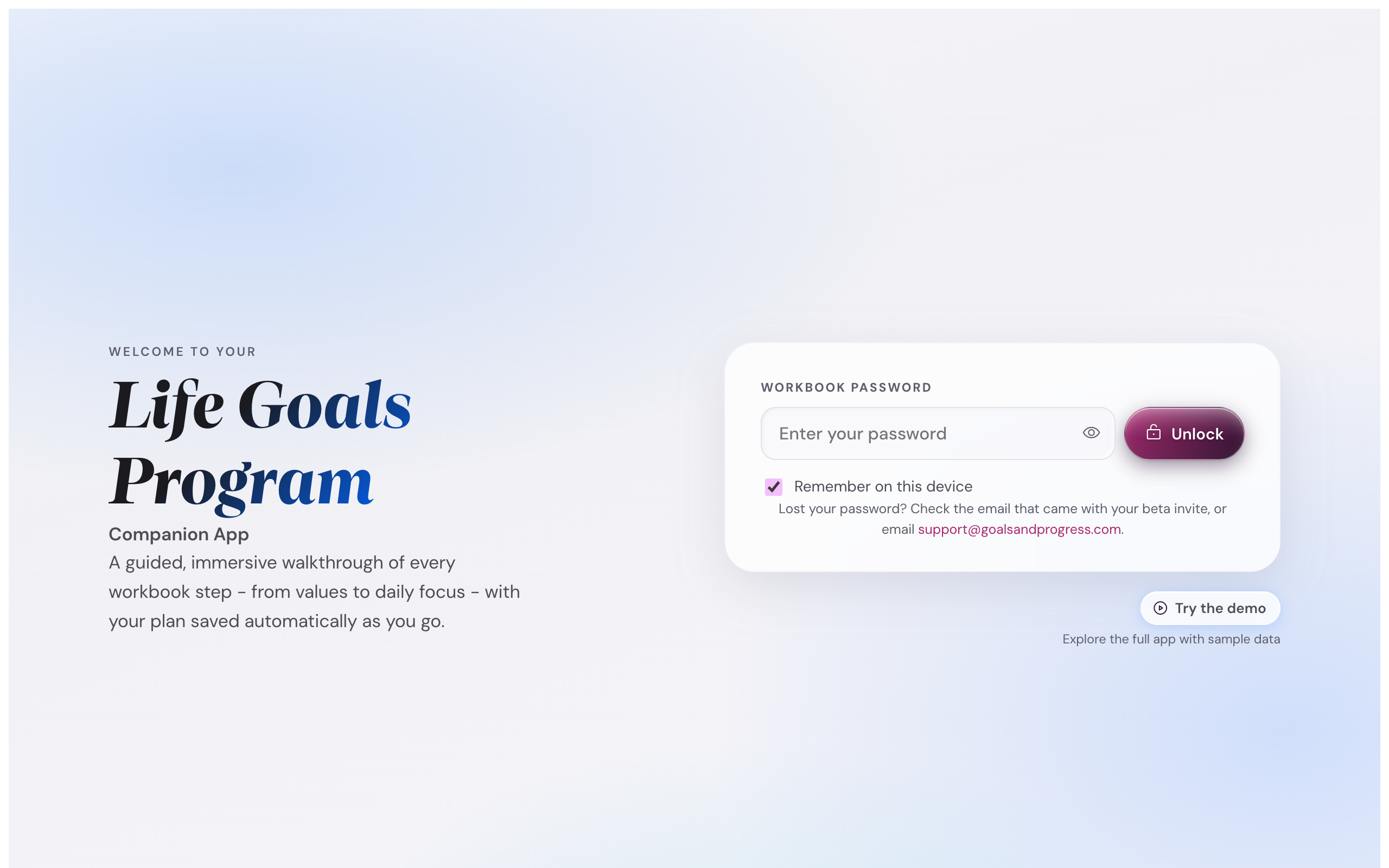 The unlock screen showing a password field on the right, a Try the demo button below it, and the Life Goals Program brand on the left.