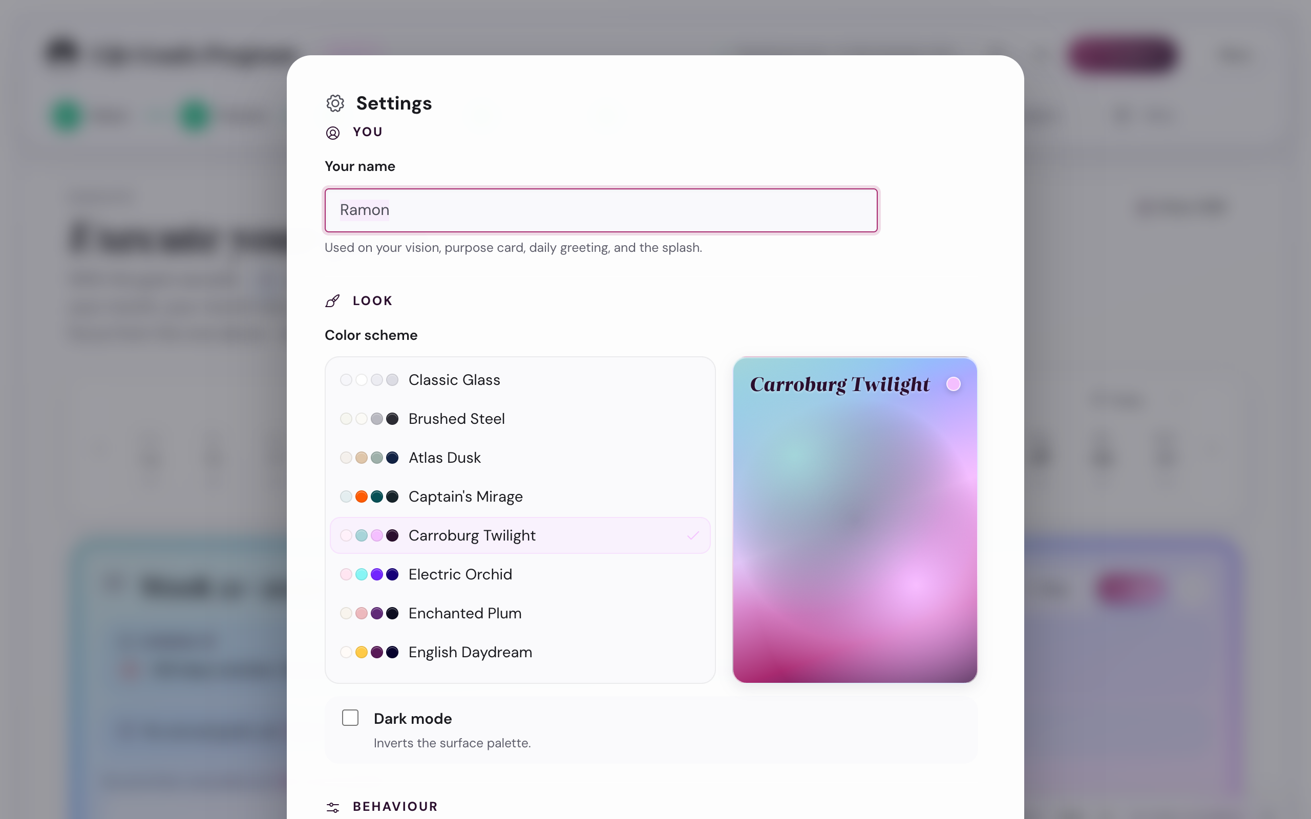 The Settings modal showing the Color scheme list with Carroburg Twilight selected, and a preview tile on the right with the Carroburg Twilight gradient. A Dark mode checkbox sits below the list.