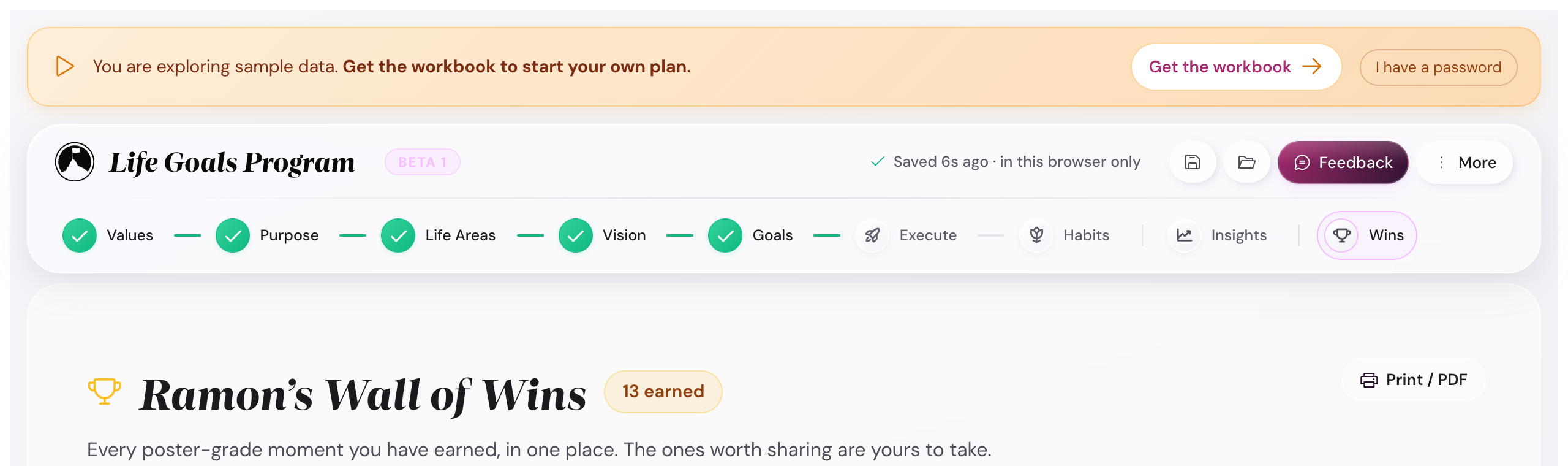The orange demo banner sitting above the topbar, reading You are exploring sample data, with a Get the workbook button and an I have a password link.