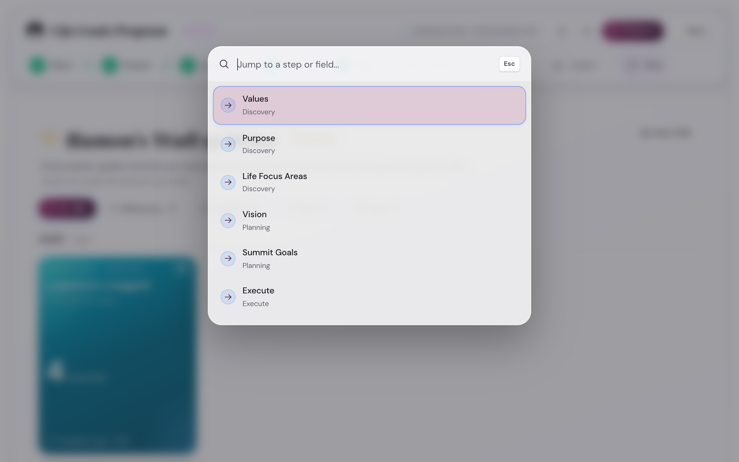A floating command palette modal with a search box at the top reading Jump to a step or field, and below it a list of jump targets: Values (Discovery), Purpose (Discovery), Life Focus Areas (Discovery), Vision (Planning), Summit Goals (Planning), Execute (Execute), with Values highlighted.