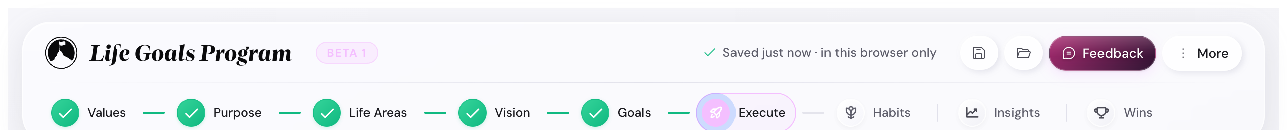 The topbar showing the Life Goals Program brand, a Saved just now status, a save icon, a load icon, a Feedback button, and a More menu, then the stepper underneath with Values, Purpose, Life Areas, Vision, Goals checked and Execute highlighted.