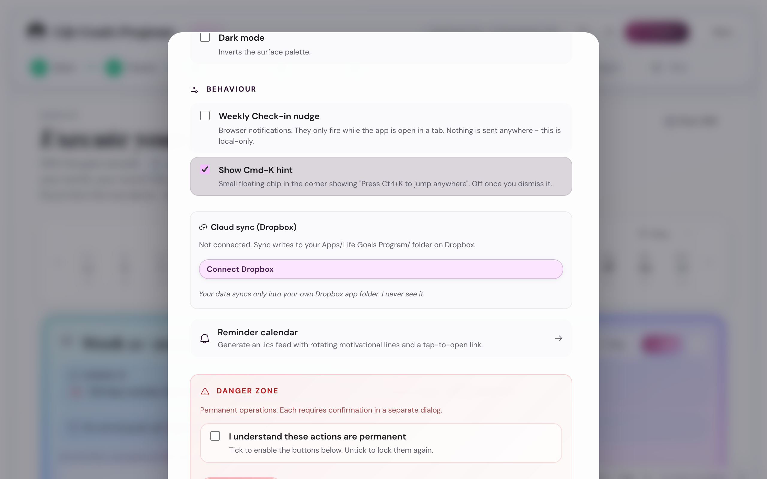 The Settings modal scrolled to the Behaviour section, showing a Cloud sync (Dropbox) row with a Connect Dropbox button and the disclaimer that data syncs only into your own Dropbox app folder.
