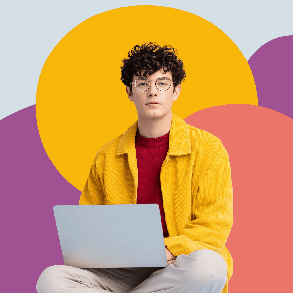 Person working on laptop, colorful background