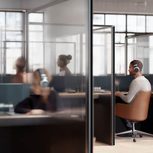 a man wearing headphones sitting at a desk