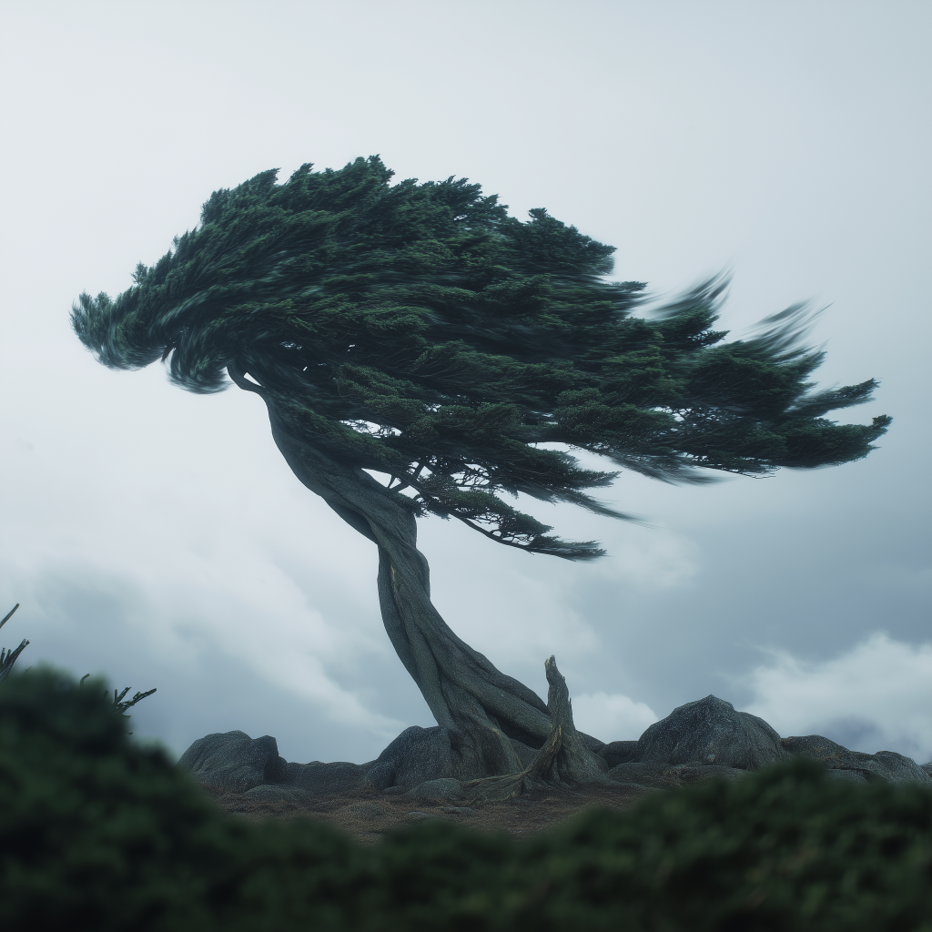 a mountain pine facing the strong wind