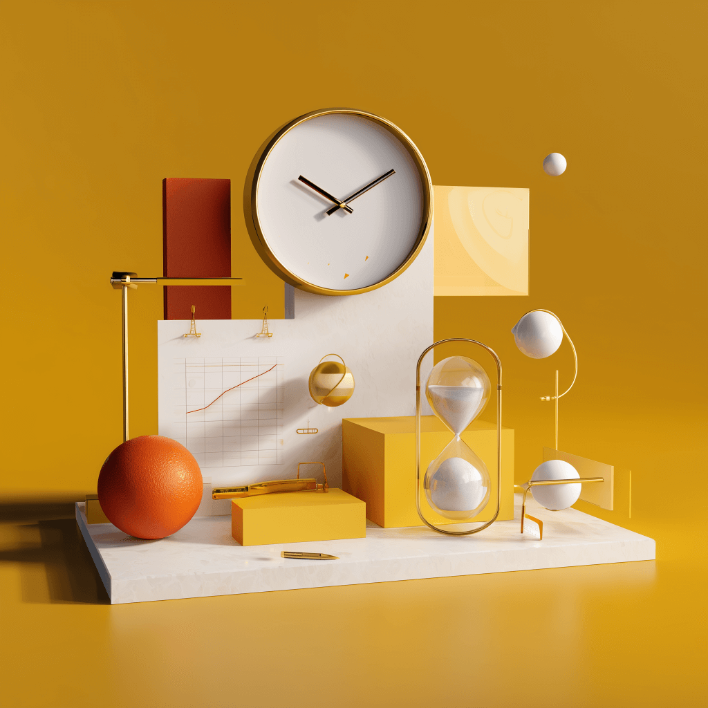 a clock and hourglass on a yellow background