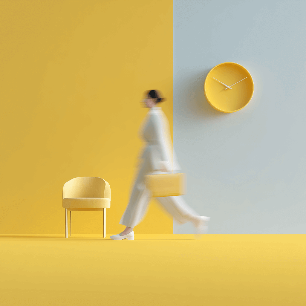 Person walking past yellow decor and a wall clock