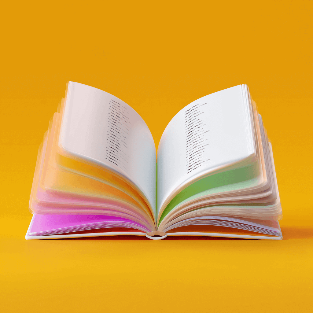 Open book with colorful pages.