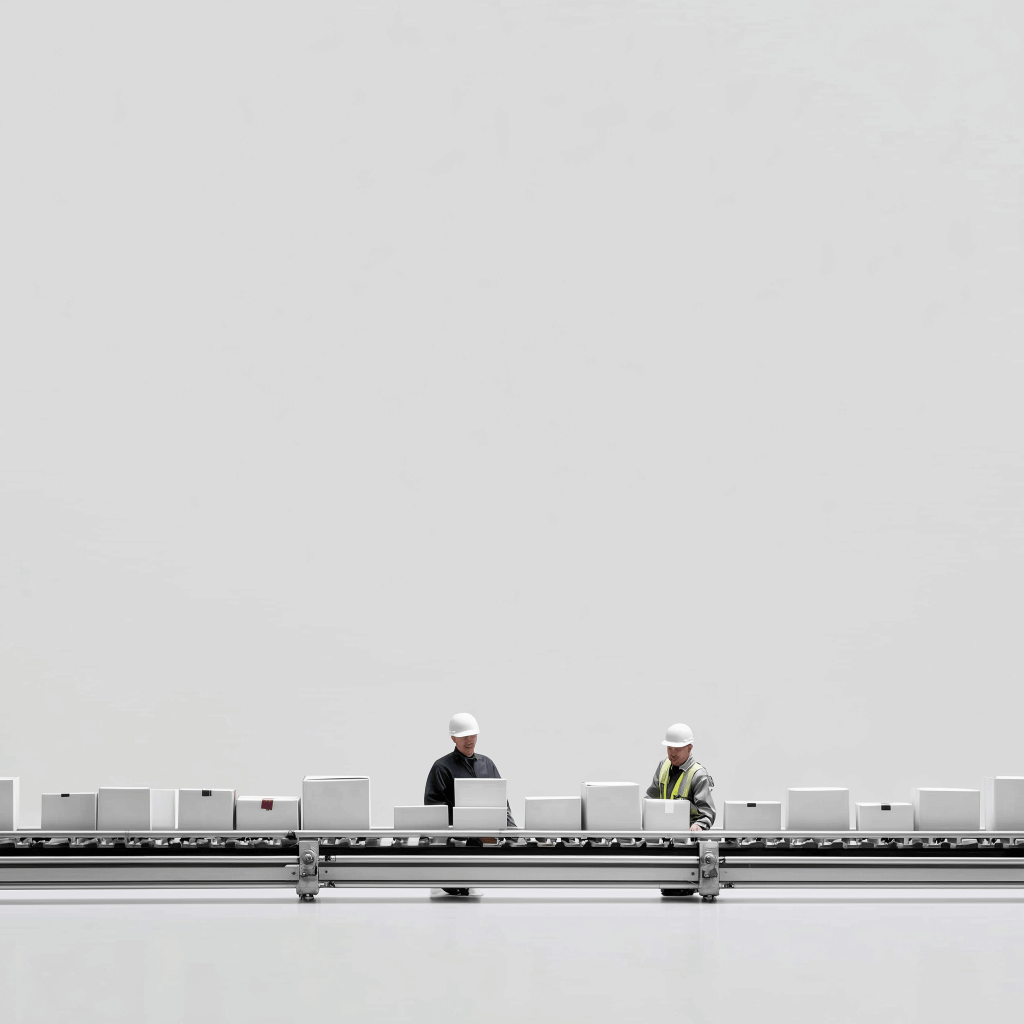 Workers inspecting boxes on conveyor belt