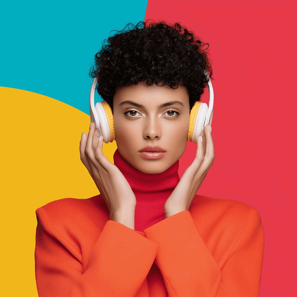 Person wearing headphones, vibrant background.