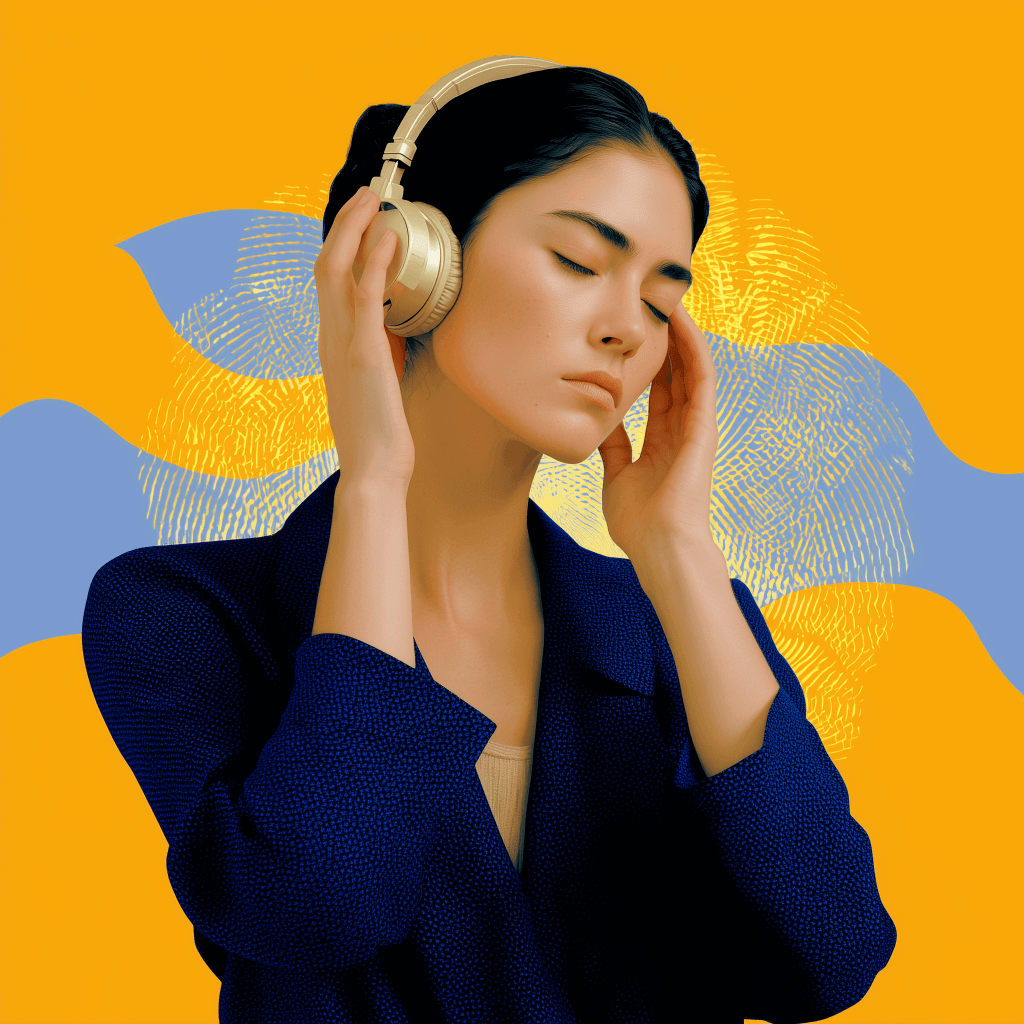 Person wearing headphones against orange background.