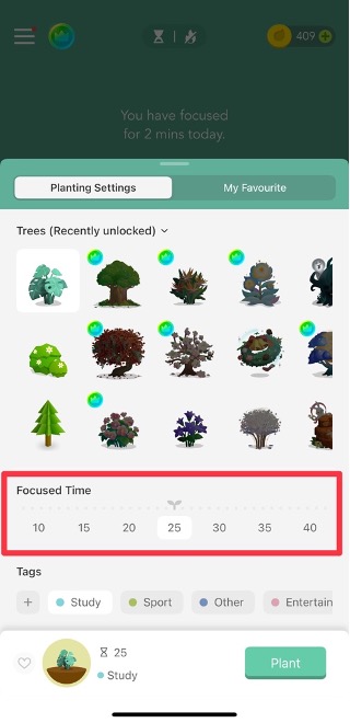 Boost Your Focus with the Forest App: A Path to Better Productivity 3 screenshot of the forest app - tree selection