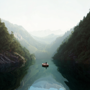 a person in a boat on a lake surrounded by trees