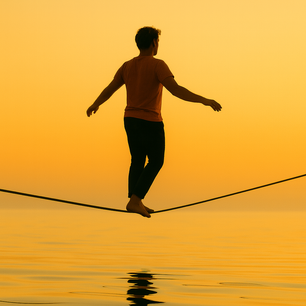 a man walking on a tightrope over water