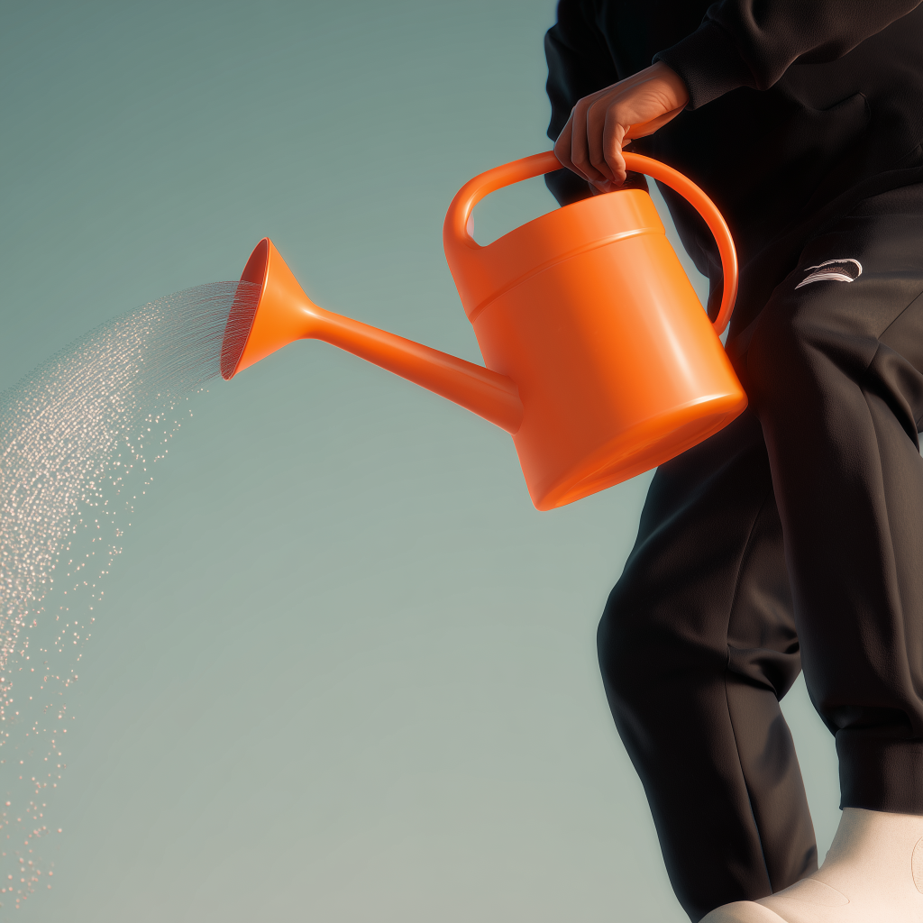 a person holding an orange watering can