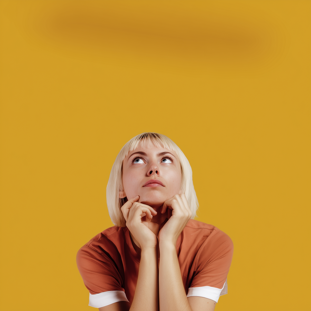 a woman looking up with her hands on her chin