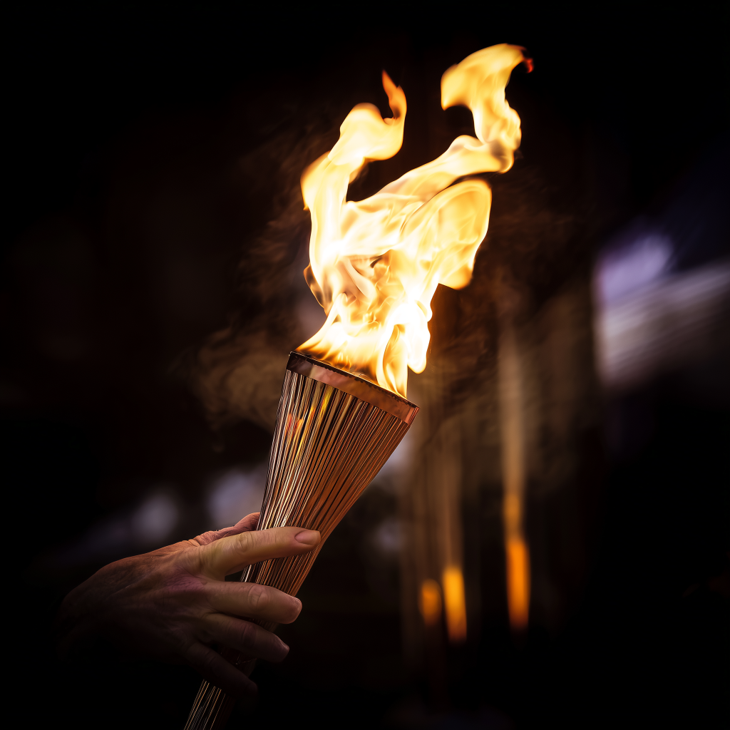 a hand holding an olympic torch with fire