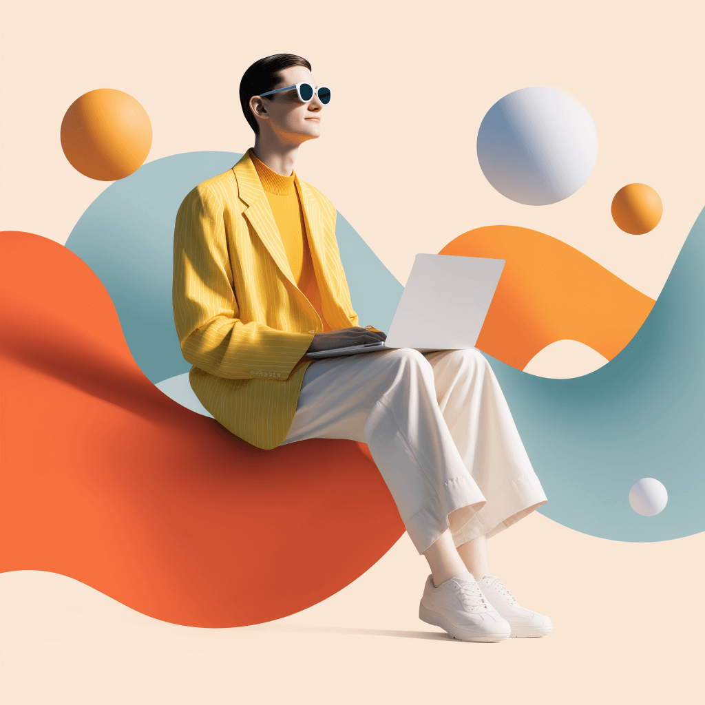 Person working on laptop, colorful background.