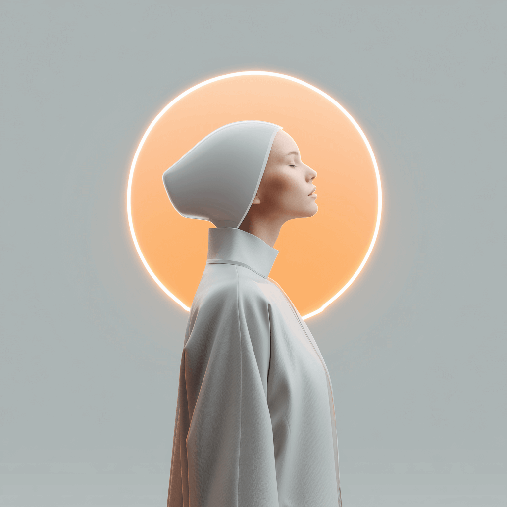 Futuristic person with glowing halo representing values.
