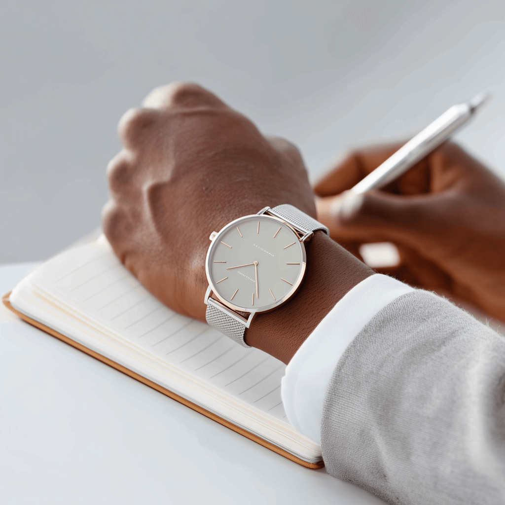 Minimalist watch on a writing hand.