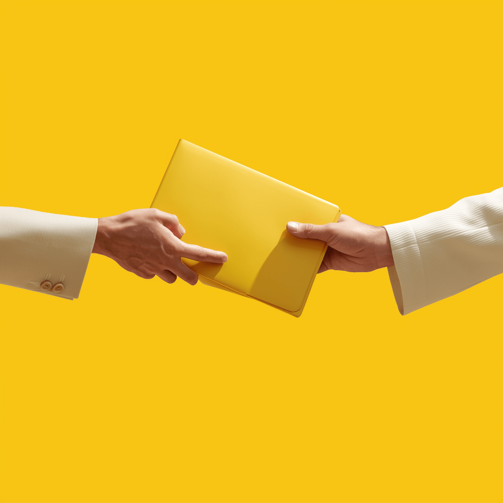 Two hands exchanging a yellow folder.