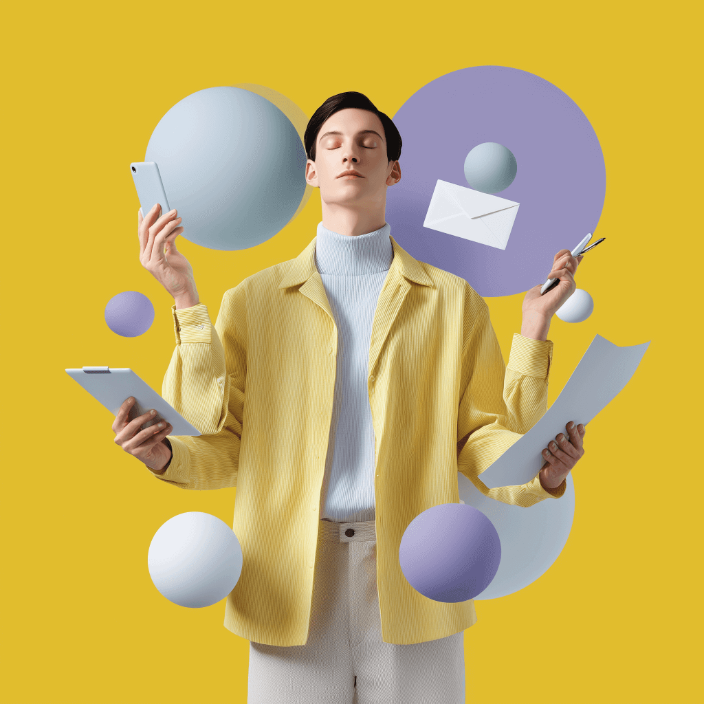 Person multitasking with various items.