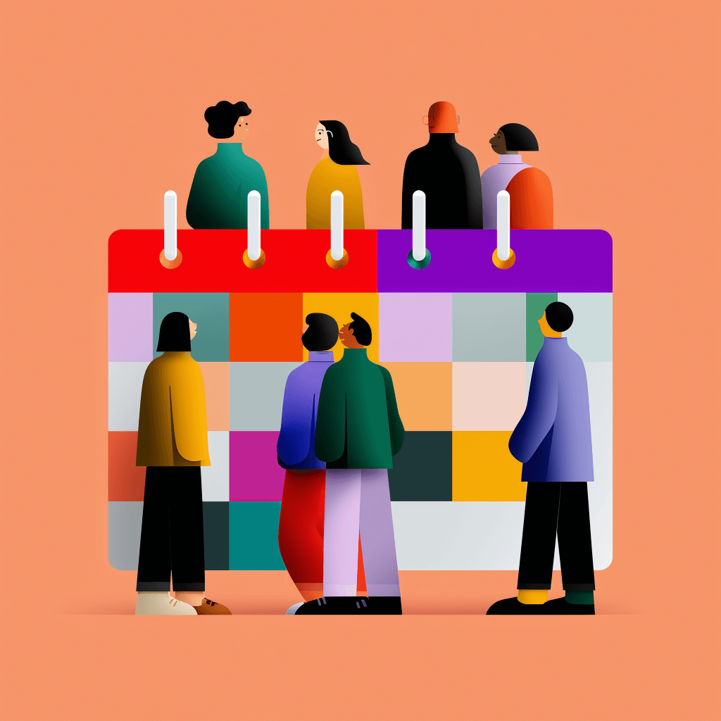 People discussing a colorful calendar.