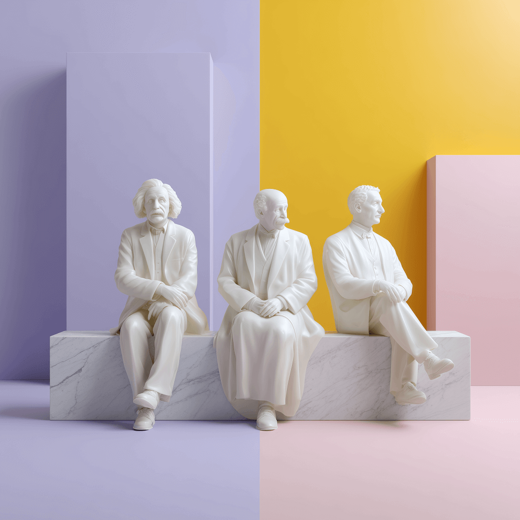 Three marble figures on colorful background.
