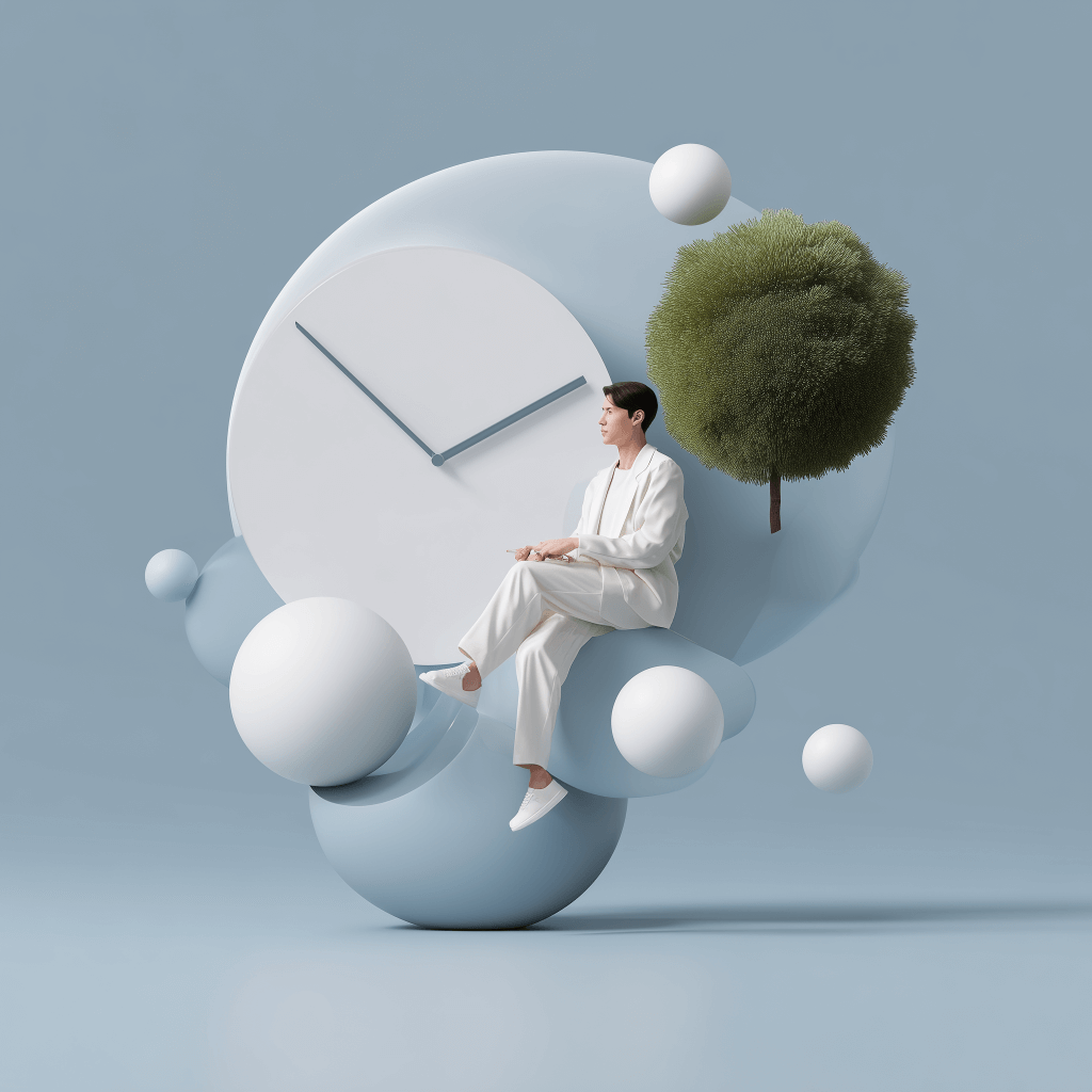Person sitting with clock and tree