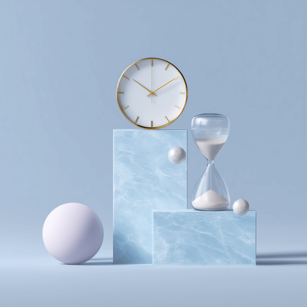 Clock, hourglass, and geometric shapes.