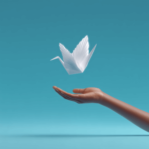 Hand holding a paper crane.