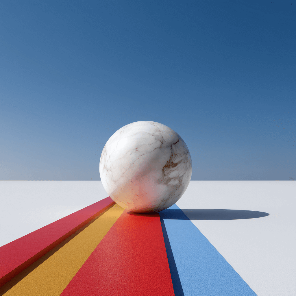 Marble on colorful striped surface.