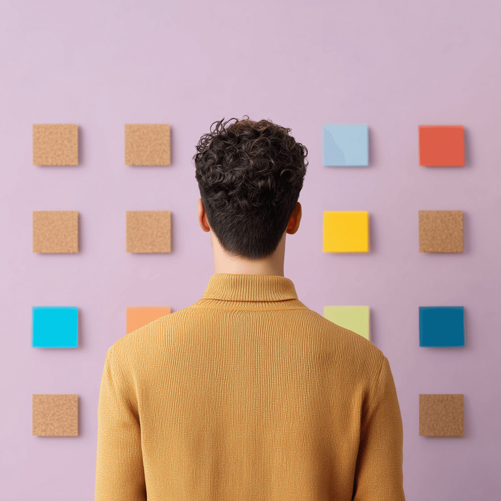 Person in front of many options