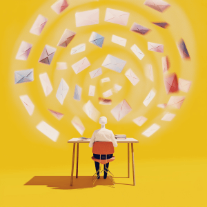 Person with swirling emails around her head, representing incoming tasks