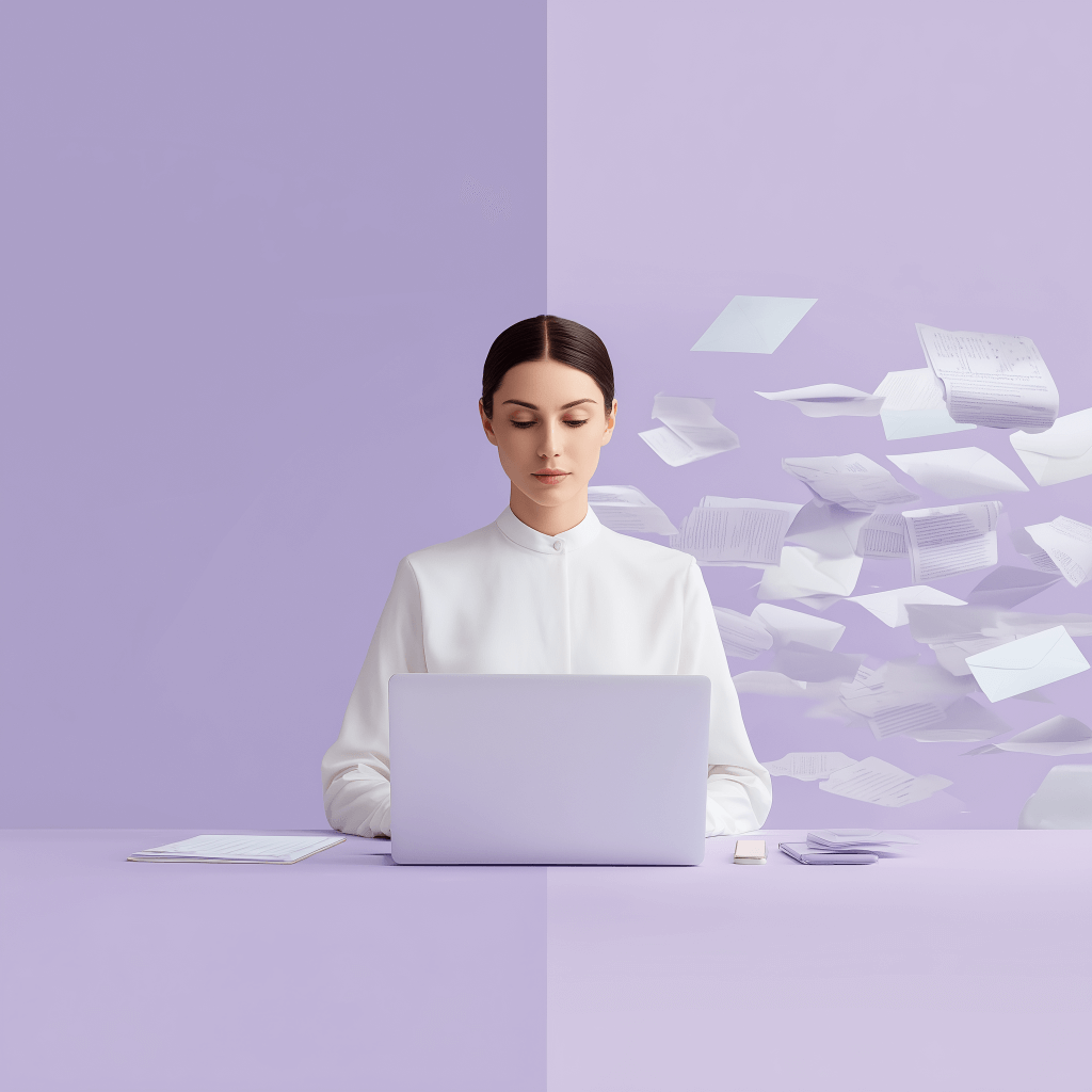 Woman working with flying papers.