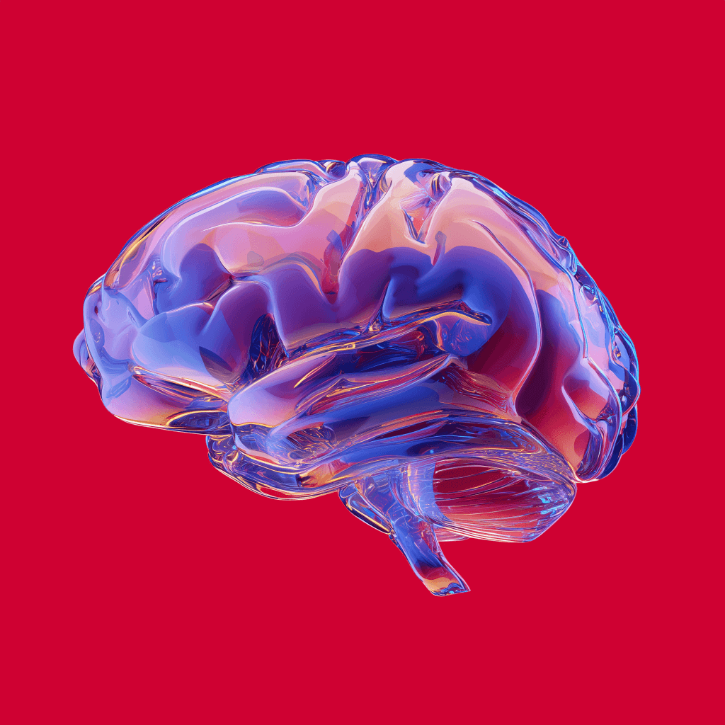 Colorful glass brain on red background