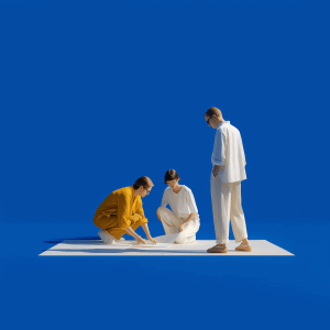 Three people collaborating on a project.