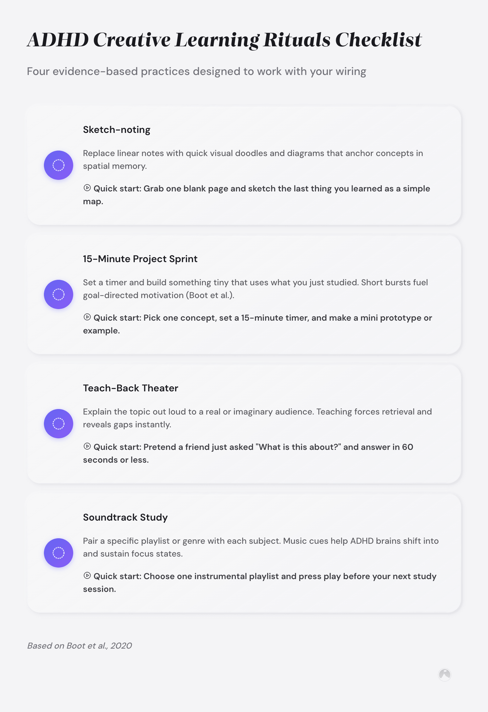 ADHD Creative Learning Rituals Checklist: four evidence-based practices  -  sketch-noting, 15-minute project sprints, teach-back theater, and soundtrack study.