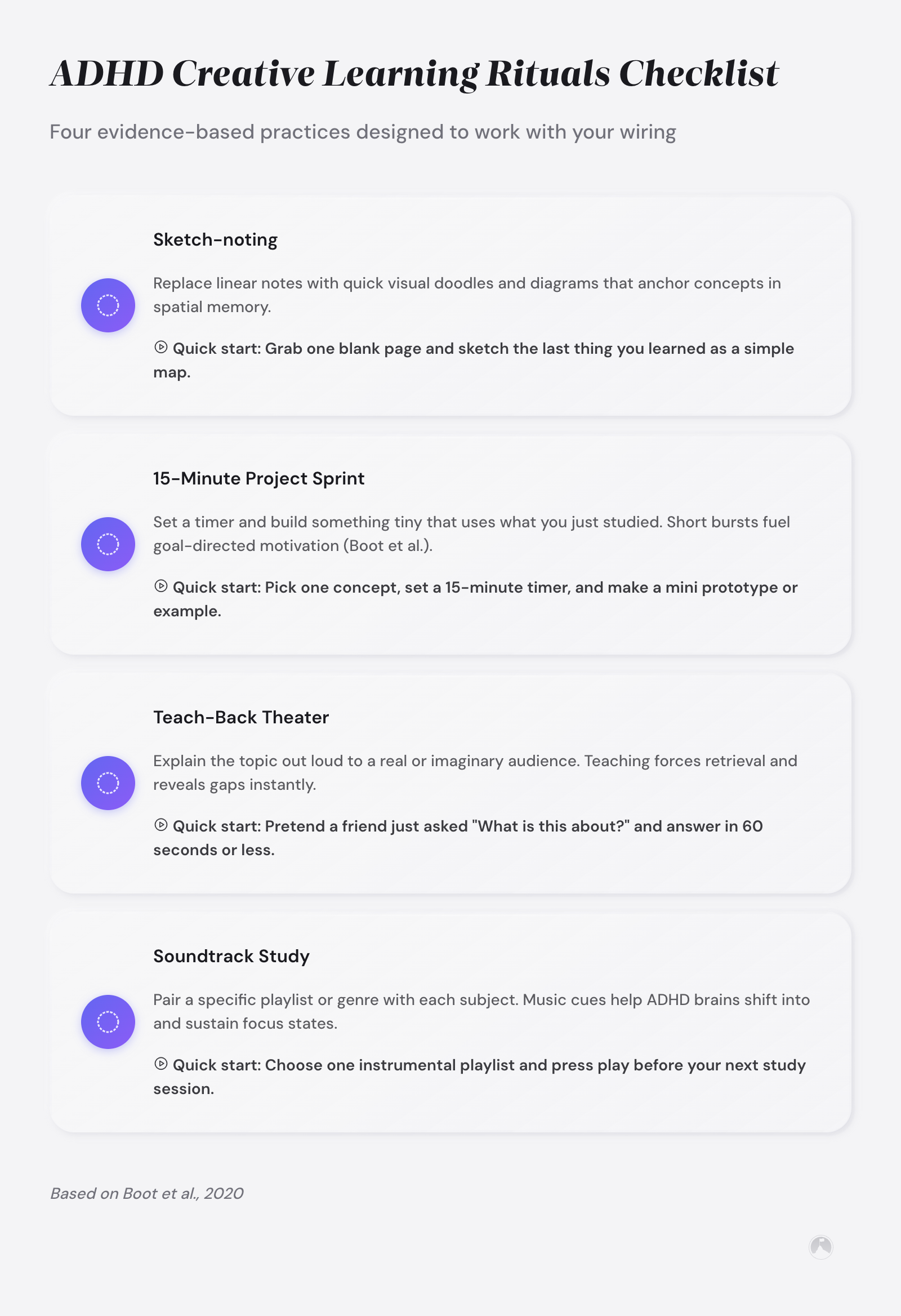 ADHD Creative Learning Rituals Checklist: four evidence-based practices — sketch-noting, 15-minute project sprints, teach-back theater, and soundtrack study.