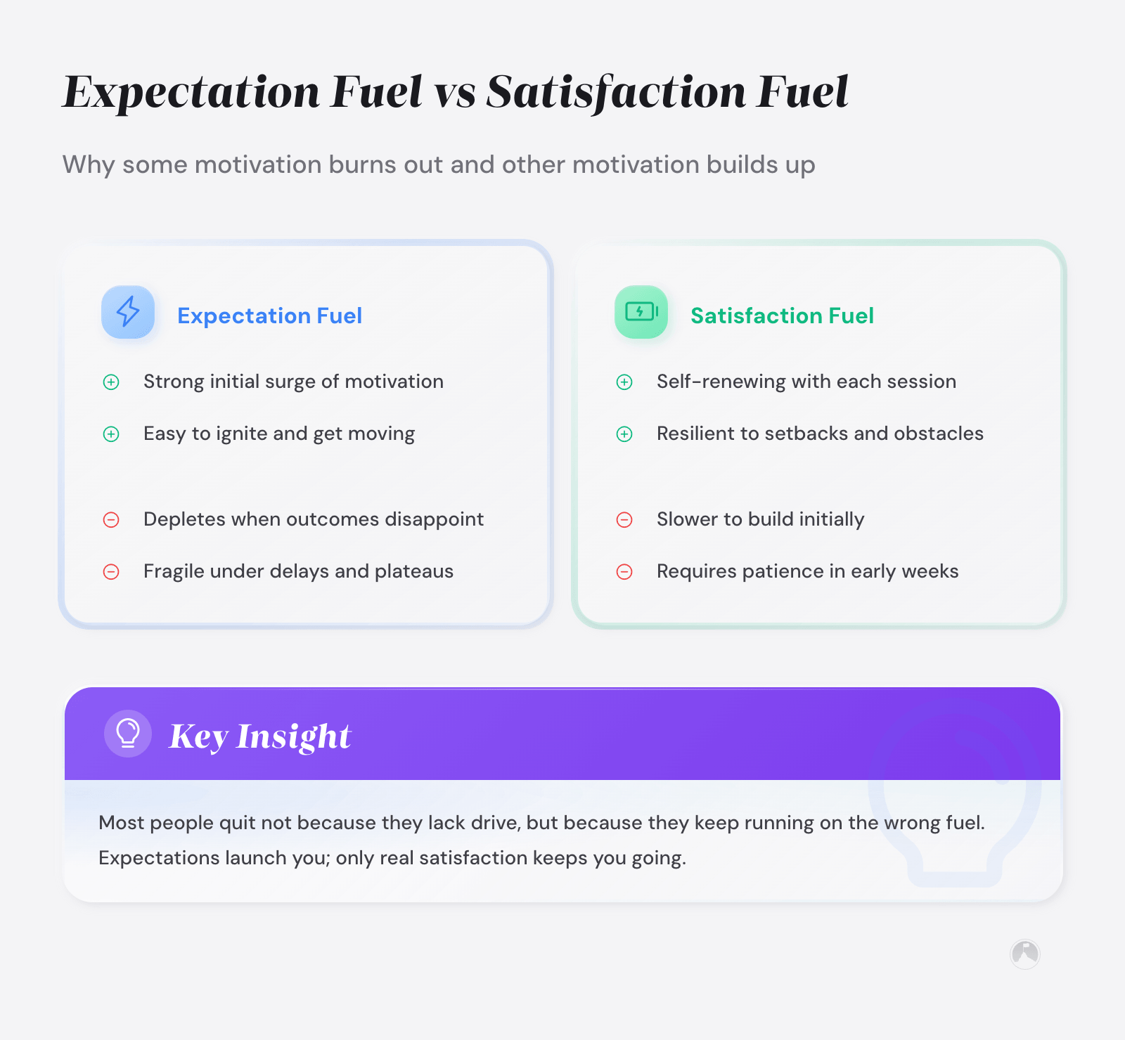 Comparison of Expectation Fuel vs Satisfaction Fuel in motivation, showing pros/cons of each. Based on Self-Determination Theory (Ryan & Deci, 2000).