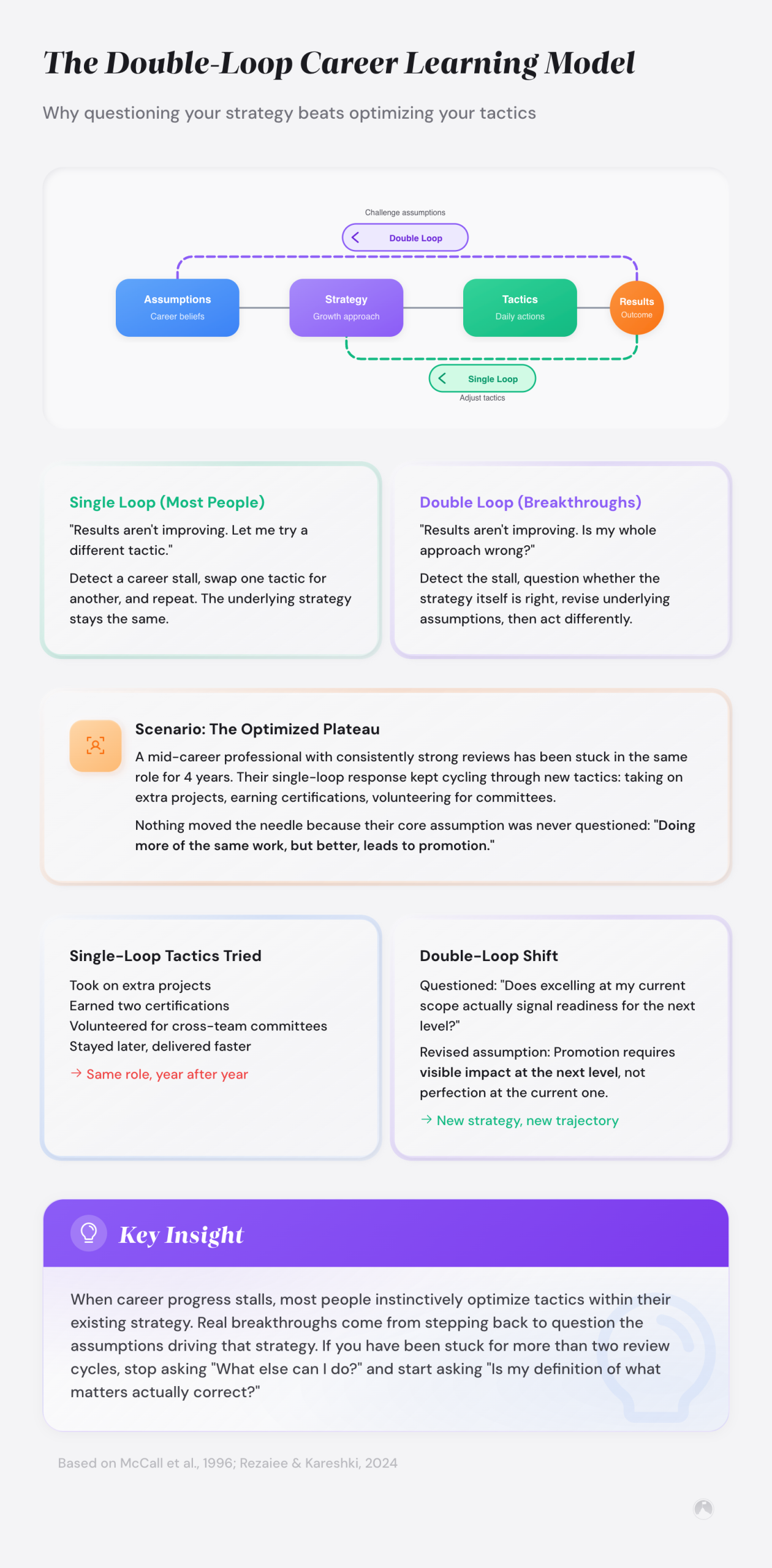 Double-Loop Career Learning Model: Assumptions feed into Strategy, then Tactics, then Results. Single loop adjusts tactics; double loop questions assumptions.