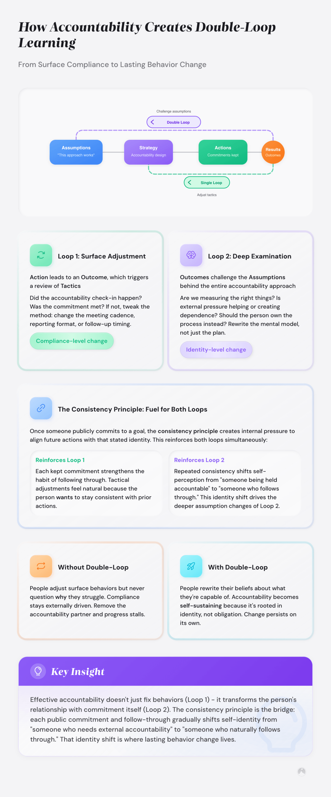 Double-loop learning diagram: Assumptions → Strategy → Actions → Results, with single loop adjusting tactics and double loop questioning assumptions. Example.