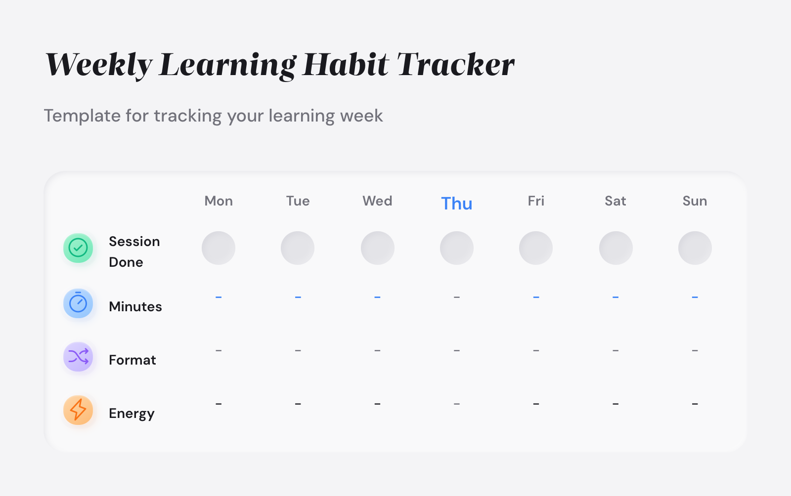 Example: Weekly learning habit tracker showing 6 of 7 days completed with daily formats and durations ranging 25–60 minutes.