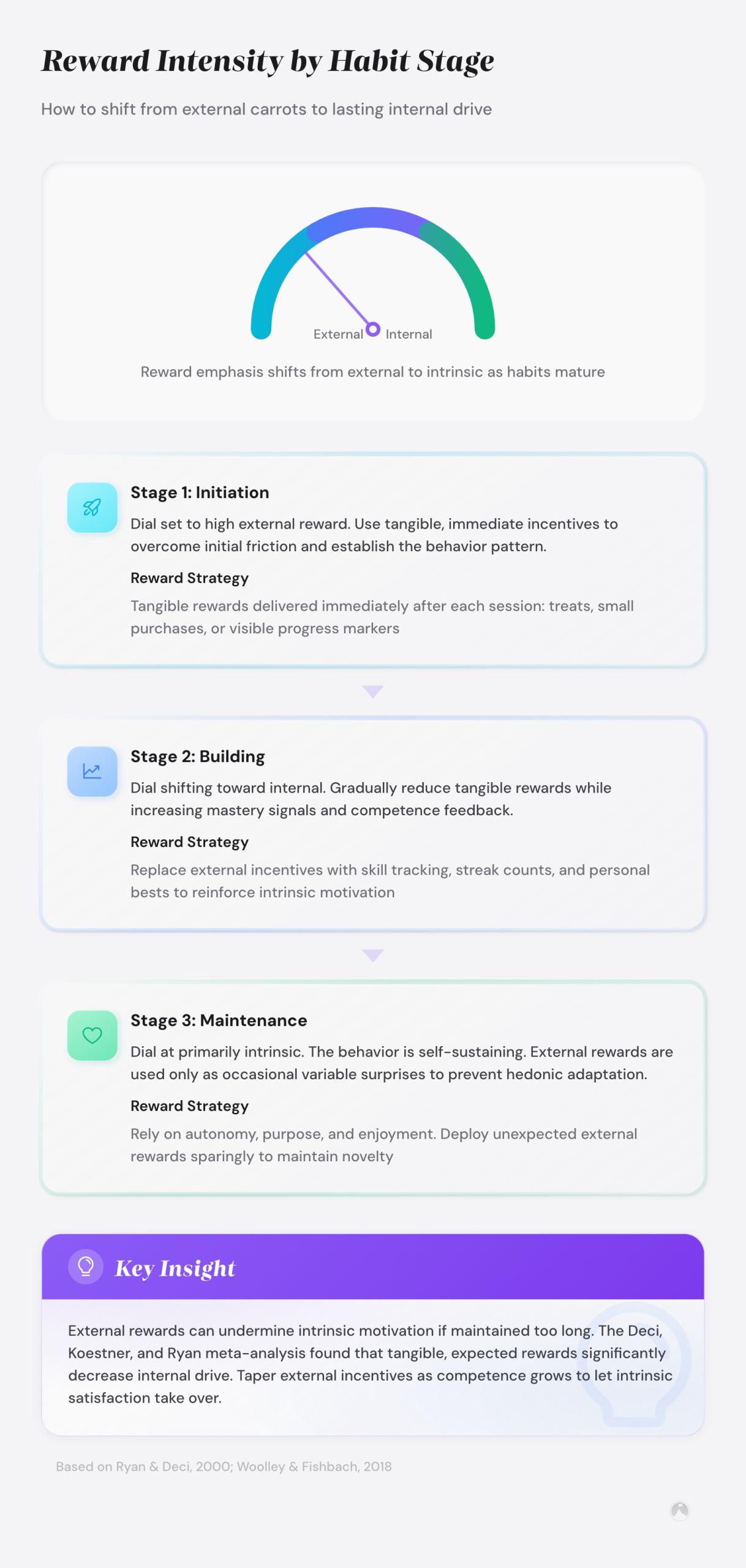 Reward System for Productivity: Build Habits That Reinforce Themselves 2 Gauge diagram showing reward intensity shifting from external (Stage 1, days 1-14) to intrinsic (Stage 3) as habits mature. Example.