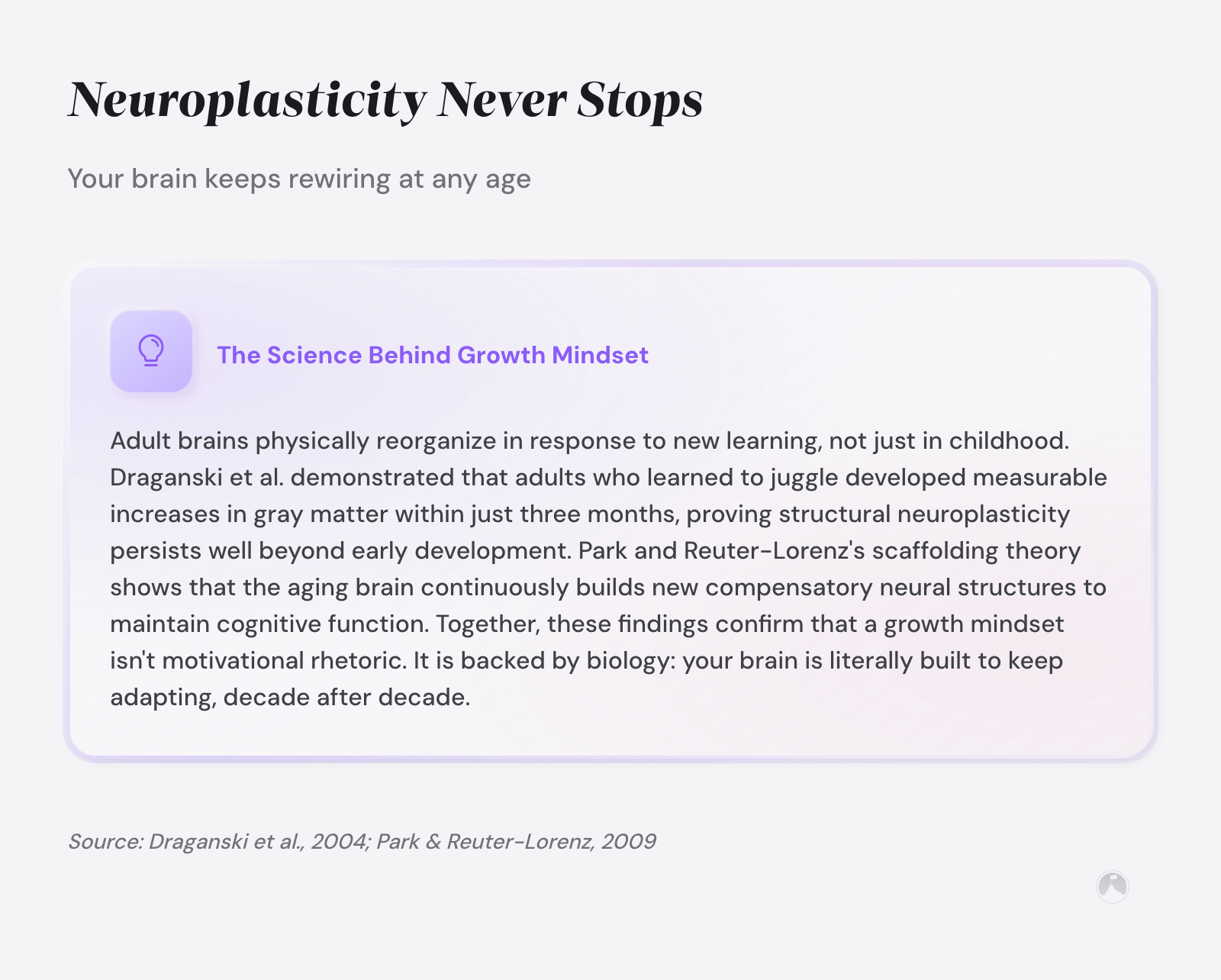 Neuroplasticity persists into adulthood: juggling training increases gray matter in 3 months (Draganski et al., 2004); aging brain builds compensatory structures (Park & Reuter-Lorenz, 2009).